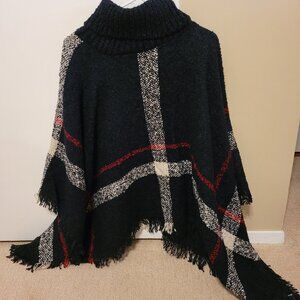 Turtle Neck Knit Poncho One Size - Navy Plaid Design - NEW
